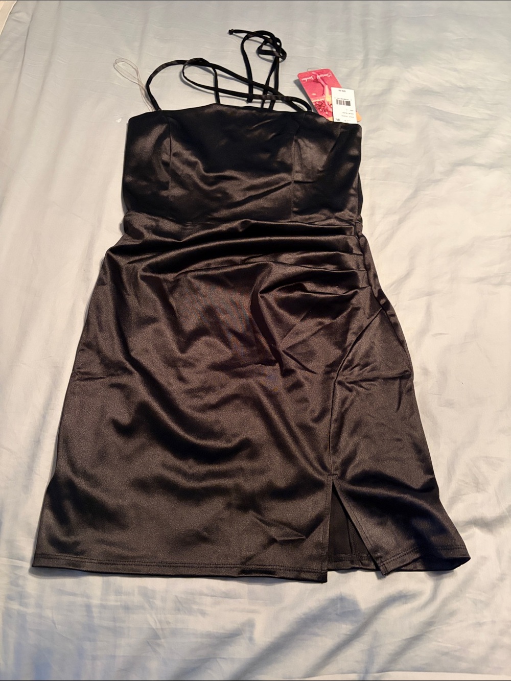 Emerald Sundae Black Satin Strappy Mini Dress with Side Slit, L, NEW